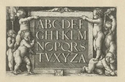 Zes kinderen met een cartouche met het alfabet