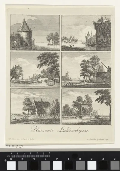Zes landschappen op een blad