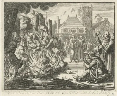 Zes mannen en twee vrouwen op de Dam voor het oude stadhuis levend verbrand, 1549