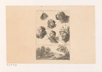 Zes mannen- en vrouwenkoppen en een landschap met dorp in de verte
