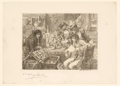 Zes mannen in een interieur rondom een tafel bekijken rijkelijk vaatwerk
