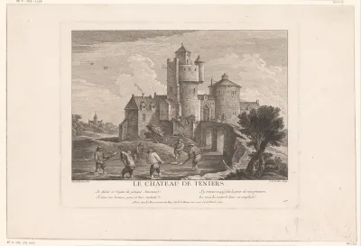 Zes mannen met scheppen voor een kasteel
