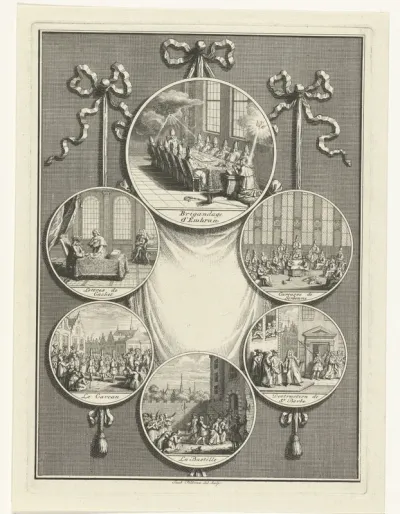 Zes medailles met voorstellingen uit de Franse geschiedenis