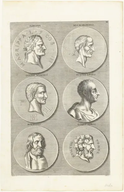 Zes munten met bekende Romeinen en Grieken: letter W