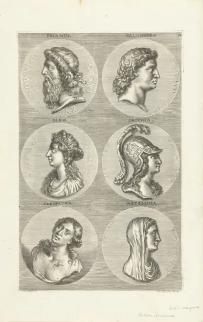 Zes munten met portretten van mannen en vrouwen uit de klassieke oudheid en de mythologie: letter A