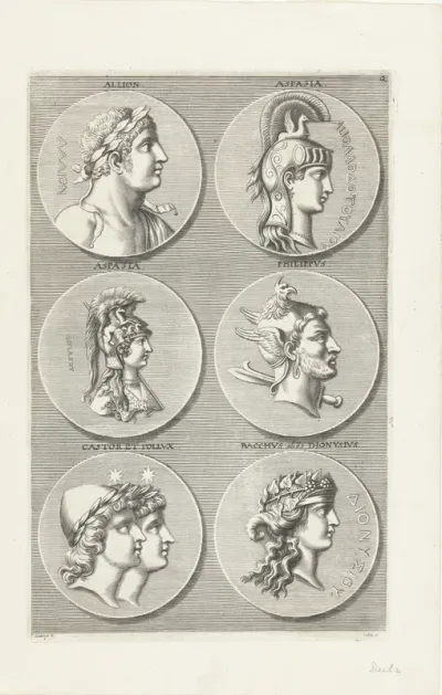 Zes munten met portretten van mannen en vrouwen uit de klassieke oudheid en de mythologie: letter Q