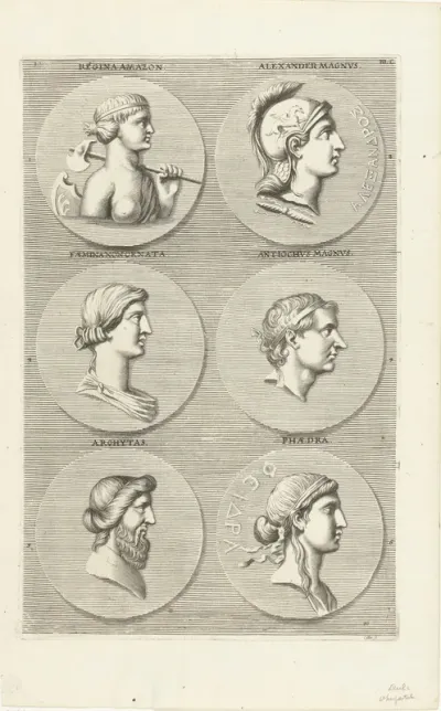 Zes munten met portretten van mannen en vrouwen uit de klassieke oudheid: letter BL C