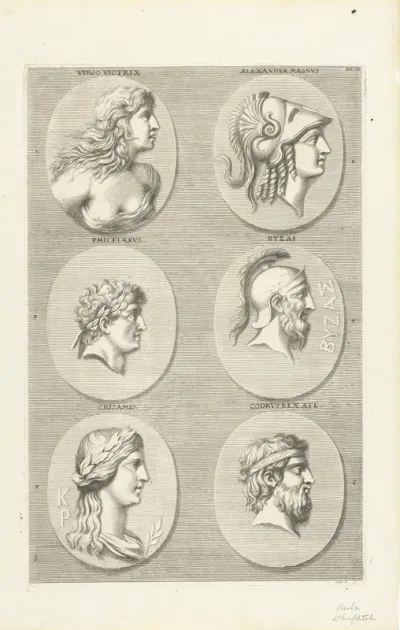 Zes munten met portretten van mannen en vrouwen uit de klassieke oudheid: letter BL D
