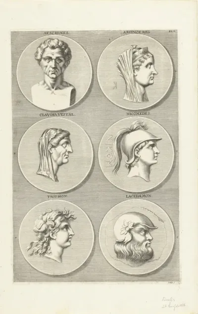 Zes munten met portretten van mannen en vrouwen uit de klassieke oudheid: letter G