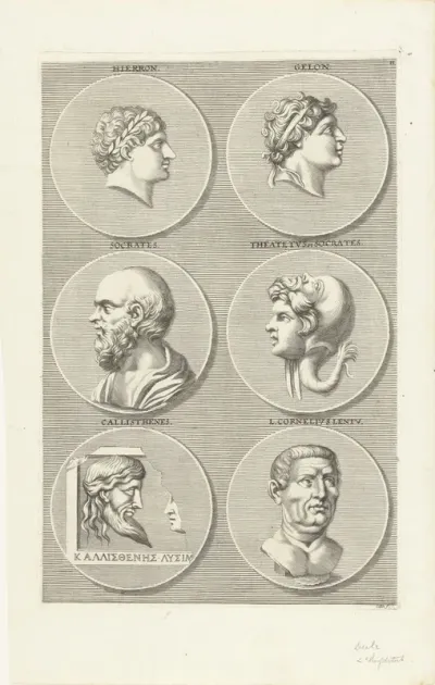 Zes munten met portretten van mannen en vrouwen uit de klassieke oudheid: letter H