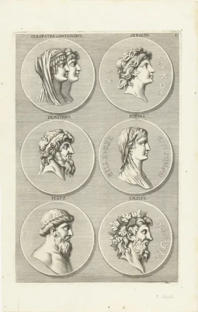 Zes munten met portretten van mannen en vrouwen uit de klassieke oudheid: letter I