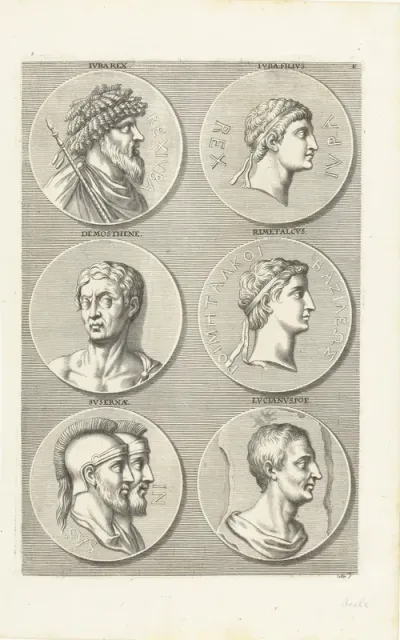 Zes munten met portretten van mannen en vrouwen uit de klassieke oudheid: letter K