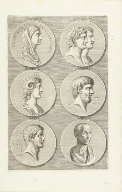 Zes munten met portretten van mannen en vrouwen uit de klassieke oudheid: letter L