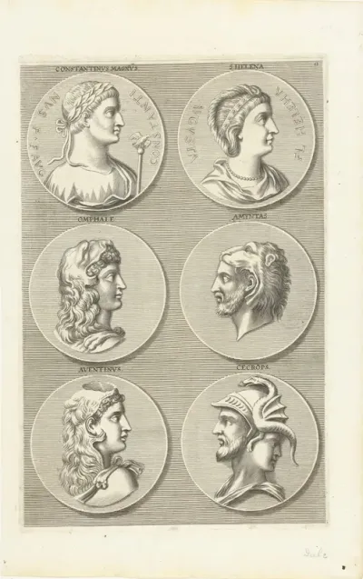 Zes munten met portretten van mannen en vrouwen uit de klassieke oudheid: letter O