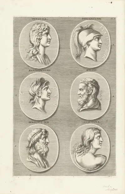 Zes munten met portretten van mannen en vrouwen uit de klassieke oudheid: letter PL B
