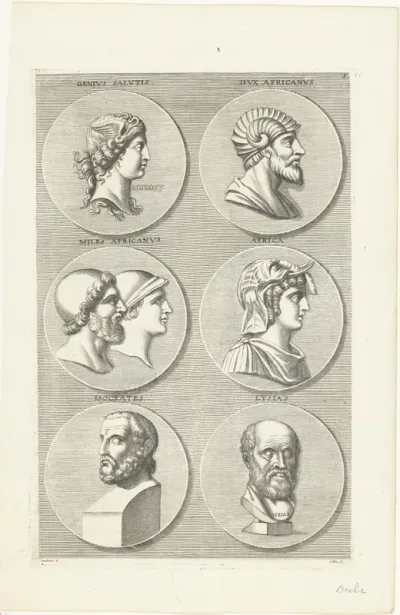 Zes munten met portretten van mannen en vrouwen uit de klassieke oudheid: letter S