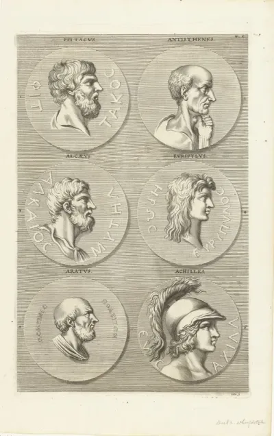 Zes munten met portretten van mannen uit de antieke en de mythologie: letter BL E