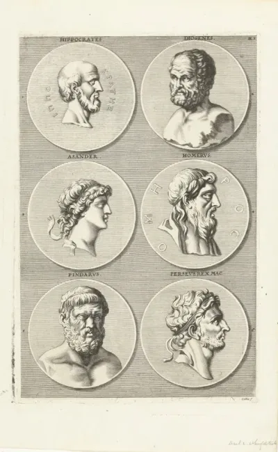 Zes munten met portretten van mannen uit de antieke: letter BL F