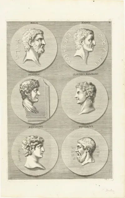 Zes munten met portretten van mannen uit de antieke: letter N