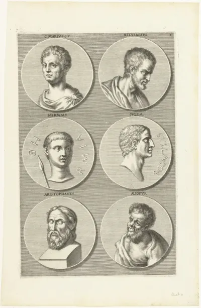 Zes munten met portretten van mannen uit de antieke: letter T