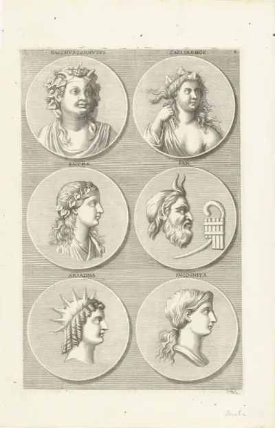 Zes munten met portretten van mythologische figuren: letter R