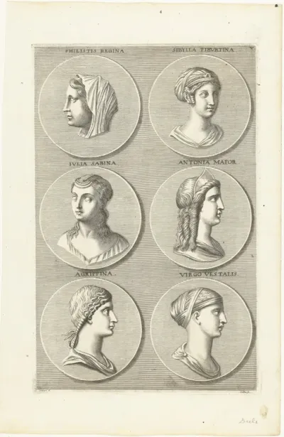 Zes munten met portretten van vrouwen uit de antieke: letter V