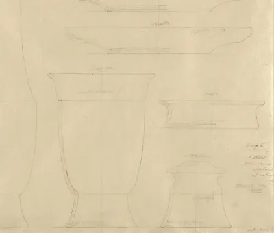 Zes ontwerpen voor vazen, kom, schotel, bakje en inktkoker van aardewerk