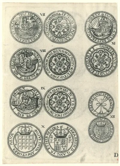 Zes oude Engelse munten genummerd VII-XII