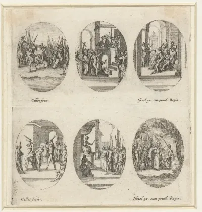 Zes Passiescènes: Kruisdraging, Christus aan het volk getoond (Ecce homo), Doornenkroning, Geseling, Christus voor Pilatus, Gevangenneming