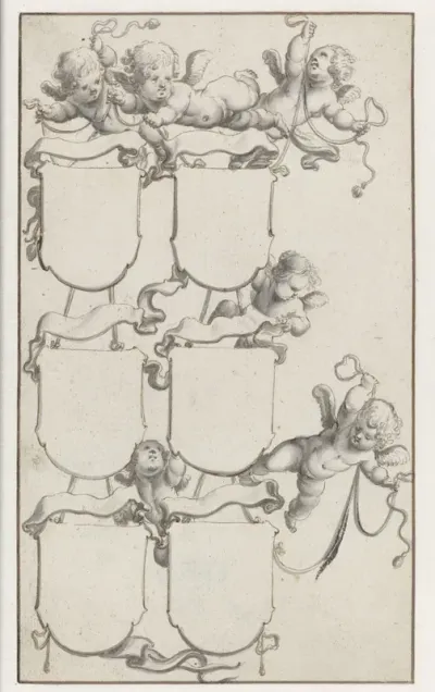 Zes putti met wapenschilden