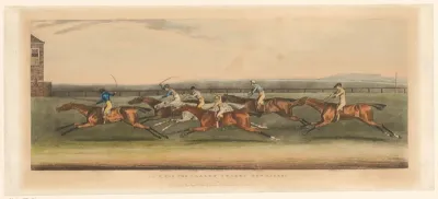 Zes ruiters in een race te Newmarket