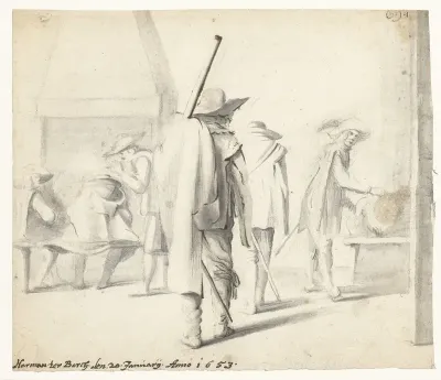 Zes soldaten in een interieur