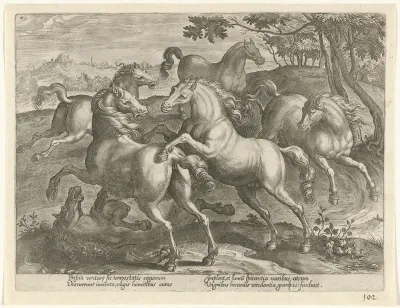Zes vechtende paarden