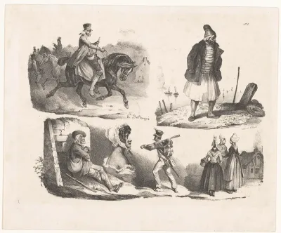 Zes voorstellingen van diverse figuren