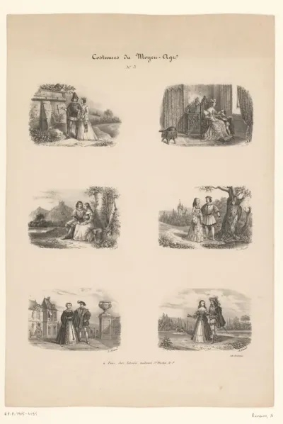 Zes voorstellingen van figuren in historische kleding