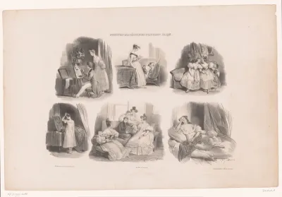 Zes voorstellingen van jonge vrouwen in een interieur
