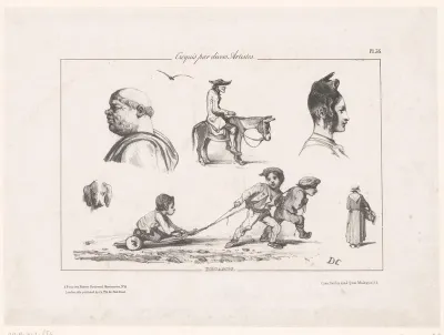 Zes voorstellingen van verschillende figuren en dieren
