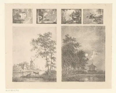 Zes voorstellingen waaronder landschappen, stadsgezichten en figuren.
