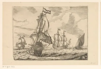 Zes zeilschepen op zee