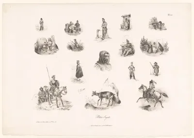Zestien voorstellingen van diverse menselijke figuren en dieren
