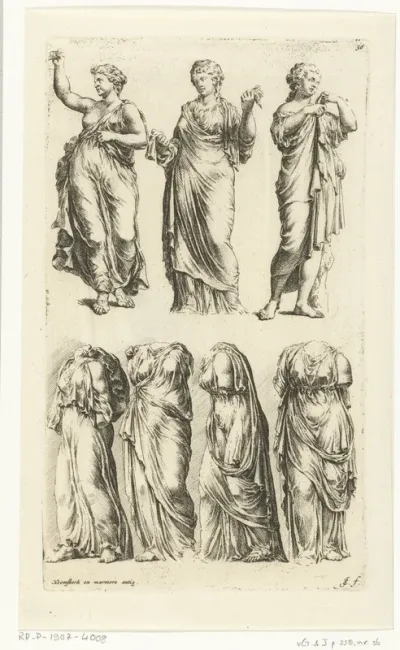 Zeven beelden van vrouwen met antieke kleding