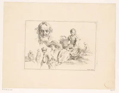 Zeven figuren met een zittende vrouw met mand en een hoofd van een oude man