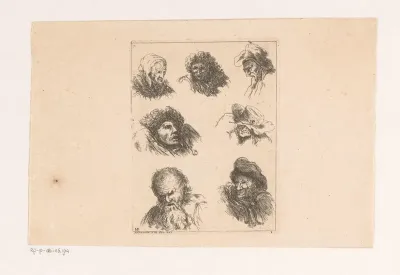 Zeven koppen van mannen en een oude vrouw