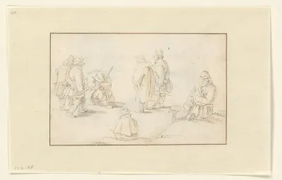 Zeven mannen, staand, zittend en lopend