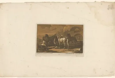 Zeven paarden in een landschap met ruïnes