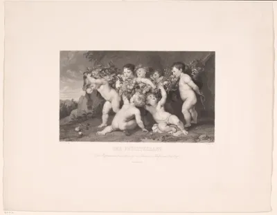 Zeven putti houden een guirlande met vruchten omhoog