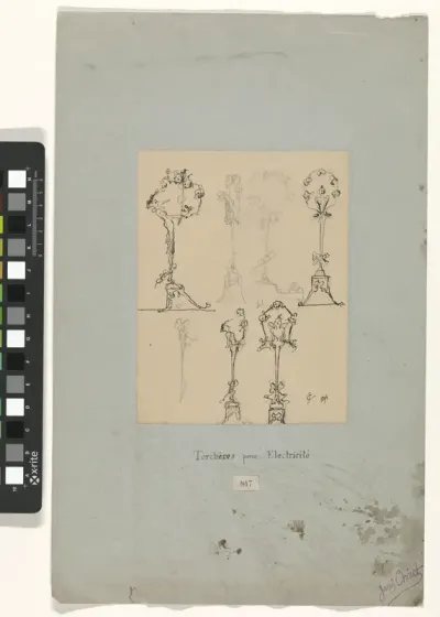 Zeven schetsen voor torchères met een hermfiguur en bloemen