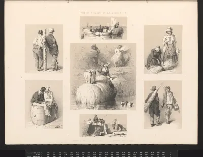 Zeven voorstellingen met figuren op het platteland