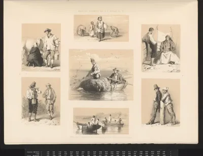 Zeven voorstellingen van figuren op het platteland