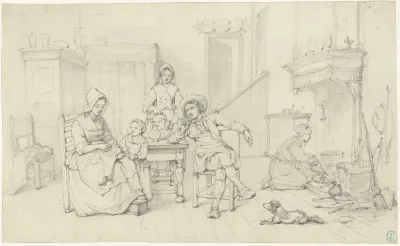 Zeventiende-eeuws interieur met een familie en dienstmeisjes
